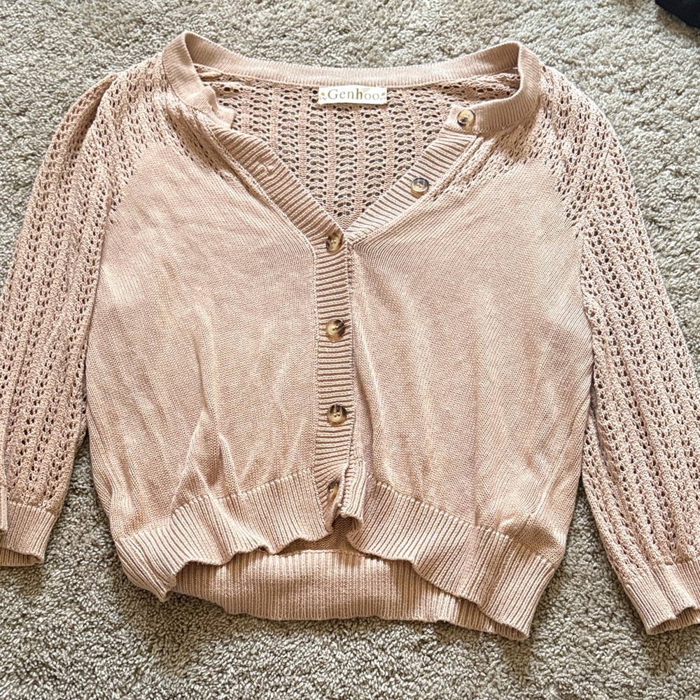 Blush Pink Open-Weave Button Cardigan